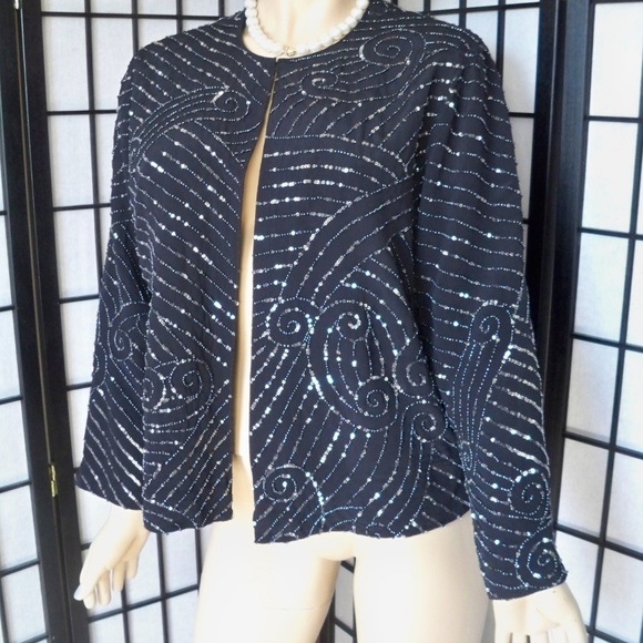 CHICO'S Sz 2/L Black Fully Beaded Evening Jacket - Picture 3 of 4